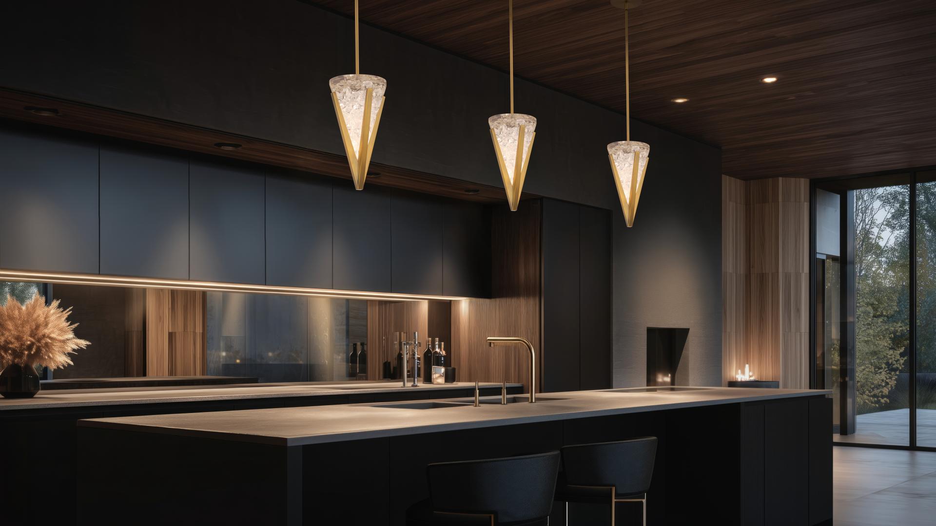 Modern Forms Kiernanc pendants hung in multiples over kitchen island